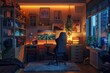 A gamer's bedroom with accent lighting focused on the gaming setup