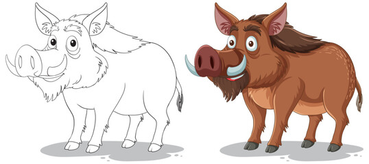 Sticker - Vector illustration of two stylized boars, colored and outlined.