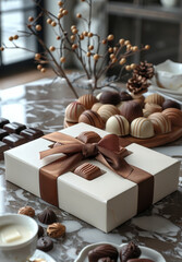 Wall Mural - White box with bow on table with chocolates and nuts