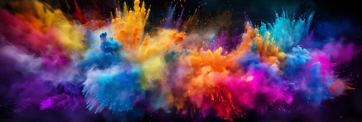 Canvas Print - rainbow color holi powder burst banner, art design on black background