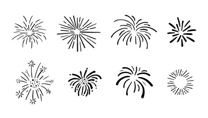 Wall Mural - set fireworks doodle line explosion radial sparkler with rays, hand drawn firecrackers simple and ro