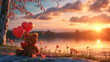  An adorable tableau of a teddy bear sitting atop a white horse's back, clutching a red heart balloon in its paw,
