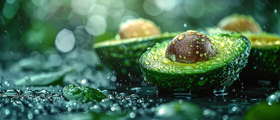 Poster - background of bright green fresh ripe avocados - close-up, food advertising 