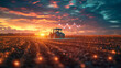 Farming tractor in field at sunset with futuristic digital agriculture icons symbolizing advance technology with smart farming analytics blending tradition with tech for sustainable agriculture