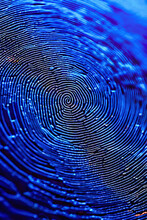 Blue Digital Fingerprint With Intricate Spiral Pattern On Illuminated Screen, Biometric Security Concept