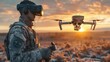 A soldier wearing virtual reality glasses controls a quadcopter. Modern military weapons