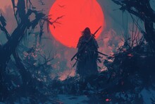 A Samurai Standing In The Dark Woods