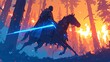 A knight on horseback with a glowing blue sword, galloping through the woods at night
