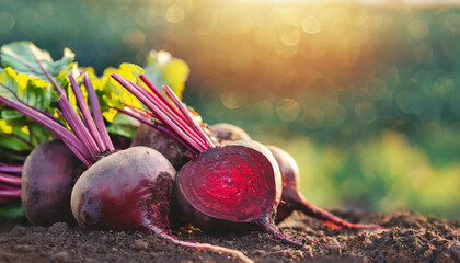 Wall Mural - Freshly collected beet root on the ground in garden. Organic agriculture. Natural and healthy food.