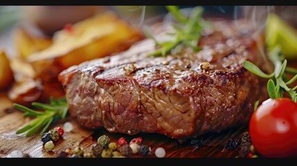 Wall Mural - Grilled steak with herbs and spices. Close-up of gourmet food preparation.