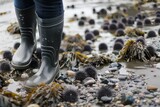 Fototapeta  - person in rubber boots walking carefully among sea urchins at low tide