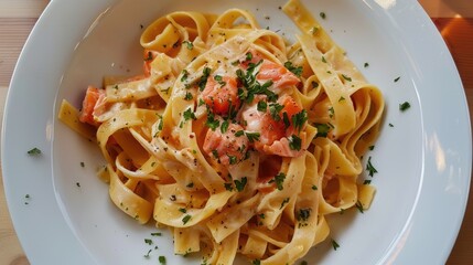 Wall Mural - Plate of fettuccine pasta with salmon and basil. Italian cuisine concept.