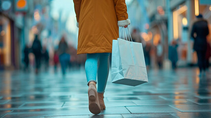 Wall Mural - Person in blue jeans, mustard coat, carrying shopping bag, bustling street scene.