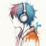 Fototapeta Młodzieżowe - Asian boy enjoying music wearing headphone illustration with Generative AI.