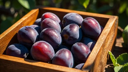 Poster - ripe plum in a wooden box against the background of the garden harvest