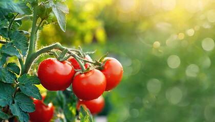 Wall Mural - Ripe red tomatoes on a green bush in a greenhouse. Organic agriculture. Natural and healthy garden food.