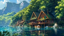 Lakeside Retreat With Cozy Cabins. Fantasy Landscape Anime Or Cartoon Style, Looping 4k Video Animation Background