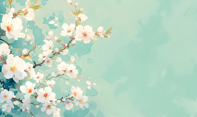  Blossoming cherry branch on green background, Generative AI 