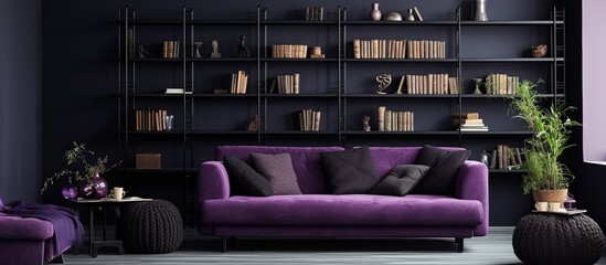 Sticker - A room furnished with a purple couch and two chairs, creating a cozy and stylish interior design