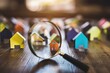 Real estate market analysis concept with cardboard houses and a magnifying glass focusing on a single home, symbolizing property evaluation - AI generated