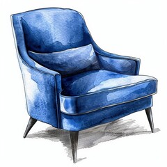 Canvas Print - Hand-drawn illustration of a modern blue armchair with watercolor texture, ideal for interior design concepts or furniture-themed graphic backgrounds with copy space