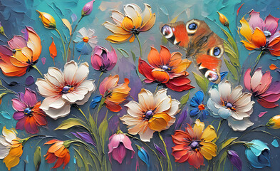 Wall Mural - bright red peacock butterfly on beautiful flowers painted with oil paints. bright summer background	
