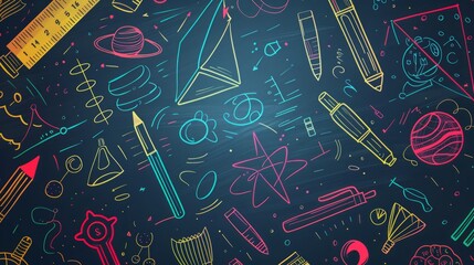 Wall Mural - abstract back to school blackboard background with linear style drawings of school supplies
