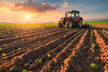 Wall Mural - Sunset scene of a tractor planting seeds in a field, forming orderly rows in the soil. Concept Agricultural Technology, Nature's Rhythm, Rural Landscapes