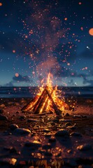 Wall Mural - a realistic bonfire at night on the beach