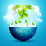 Fototapeta Miasto - conceptual design for earth day or environment day, graphic of globe with turbine and windmill