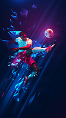 Wall Mural - Young African man, soccer player in motion during football match, hitting ball in jump over dark background with polygonal and fluid neon elements. Sport, competition, tournament concept. Poster, ad