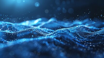 Wall Mural - Abstract blue wave background with glowing particles and dots. Abstract digital water surface for futuristic technology