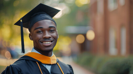 Wall Mural - portrait of black guy student in black graduation cap and gowns. 