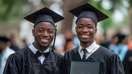 Wall Mural -  portrait of two happy students of University in black graduation cap and gowns. students in university celebrate academic success. Education, graduation and celebration.