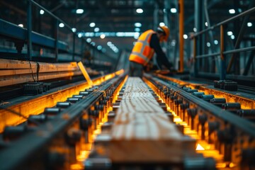 Poster - Industrial worker feeding wood into a cutting machine at a factory