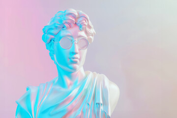 Wall Mural - Statue of Apollo wearing glasses in blue and pink light.