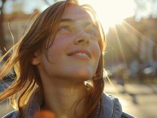 Wall Mural - Woman with long brown hair and bright smile is looking up at sun. Concept of happiness and positivity, as woman is enjoying warmth and light of sun