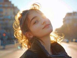 Woman with blonde hair and black jacket is smiling at camera. Image has bright and cheerful mood, with sun shining on woman's face and city in background