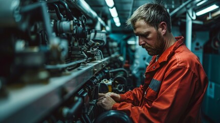 Poster - Focused technician fine-tuning machinery in industrial engine room