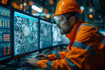 Poster - Focused engineer in orange jumpsuit working at control panel screens in industrial setting