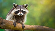 Portrait of cute raccoon on wooden branch. Green blurred backdrop.