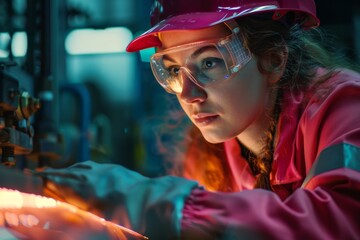 Poster - Female metallurgist in bright pink uniform working at a factory