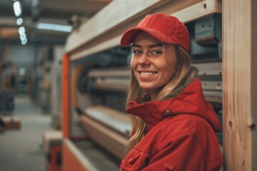 Poster - Female worker in bright red uniform operating machinery in a woodworking workshop