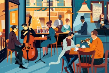 Wall Mural - An animated cafe with a lively jazz band playing smooth tunes, adding to the ambiance of chatter and clinking coffee cups, Generative AI