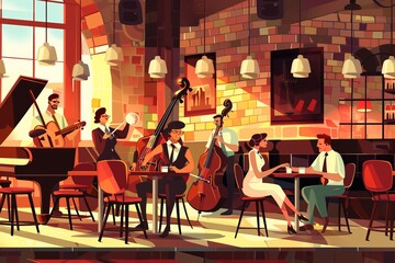 Wall Mural - An animated cafe with a lively jazz band playing smooth tunes, adding to the ambiance of chatter and clinking coffee cups, Generative AI