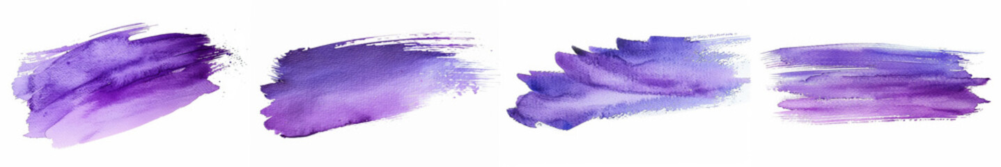 Canvas Print - Set of distinct purple watercolor brush strokes set on a white background, ideal for artistic banners or as a vibrant template with space for text