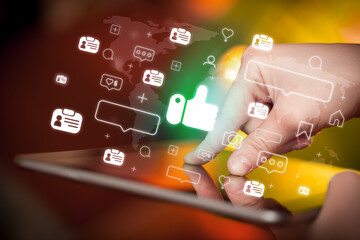 Aufkleber - Close-up of a hand using tablet, social media concept