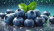 Pile of fresh blueberries with green leaves water drops. Organic and tasty summer berries.