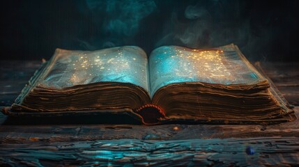 Wall Mural -  Open magic Book With Magic Glows In The Darkness 