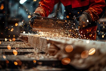 Poster - Close-up of a sharp cutting blade slicing through wood with sparks flying
